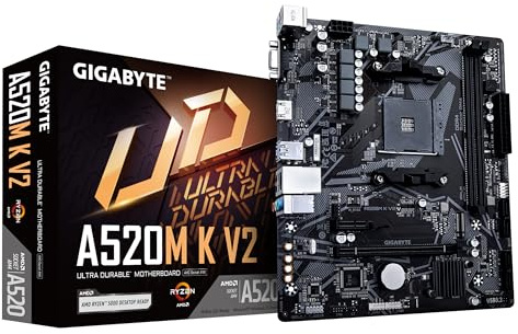 Gigabyte A520M K V2 Motherboard - Supports AMD Ryzen 5000 Series AM4 CPUs, up to 5100MHz DDR4 (OC), PCIe Gen3 x4 M.2, GbE LAN, USB 3.2 Gen 1