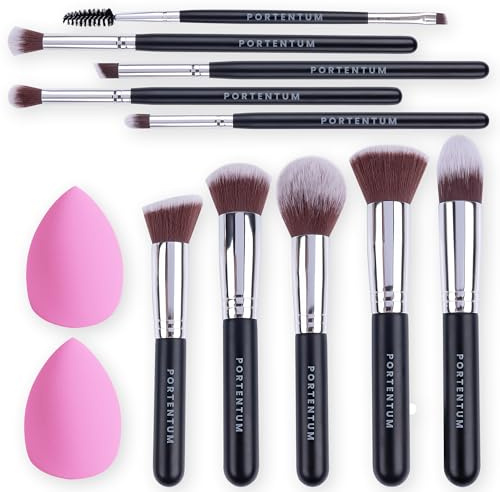 PORTENTUM Pinceaux Maquillages Professionnel (10+2pcs) – Pinceau Maquillage Pour Fond de Teint Blush L'anti-cernes Fard à Paupières Poudre Libre, Avec Blender Eponge