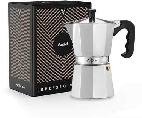 VonShef Stovetop Coffee Maker, 6 Cup Aluminium Italian Espresso Maker, 300ml Gas & Electric Stove Top Moka Pot with Replacement Gasket & Filter