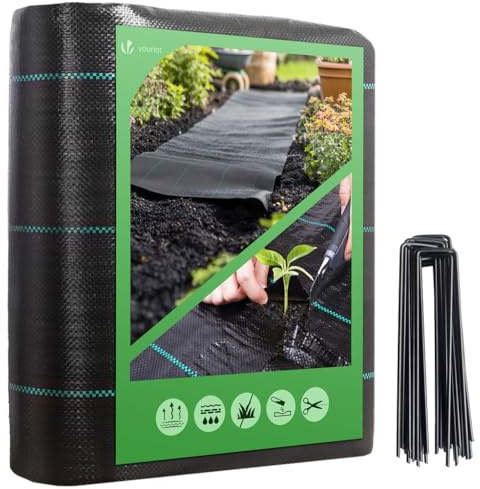 VOUNOT Weed Control Membrane 2m x 10m, with 30 Securing Pegs, Heavy Duty Weed Control Barrier Fabric, Landscape Ground Cover Suppressant Membrane for Garden, UV Stabilised