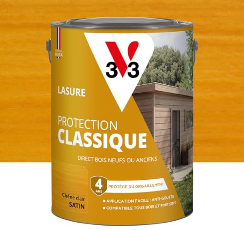V33 Lasure Bois extérieur Chêne clair - Protection Classique 4 ans - Protège du grisaillement - Direct bois neufs ou anciens - Texture anti-goutte - 5L