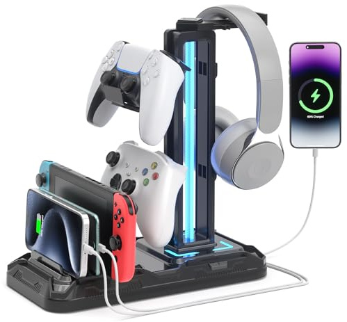 KDD Headset Stand with Charging Station - Detachable Headset Controller Holder Stand with 9 Light Modes, Rotatable Headphone Hanger with USB Charging Ports for PC Gaming Accessories Storage (Black)