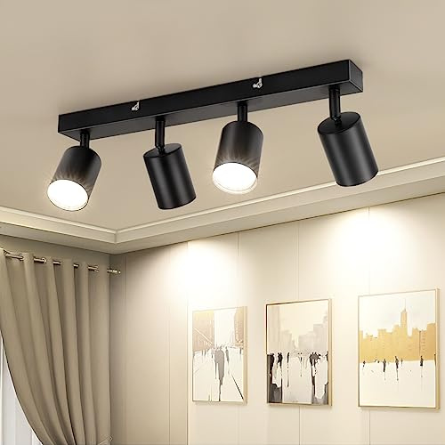Dehobo Lámpara de Techo de 4 Focos Giratorios GU10, Lámpara de Pared Interior LED Negro Ajustables, Foco de Pared para Interior Iluminación para Dormitorio Pasillo Cocina, Sin Bombilla GU10