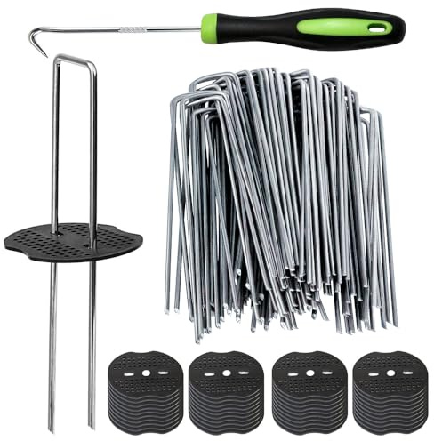 Bakulyor 50 Weed Control Membrane Pegs + 50 Buffer Washer, 6"/150mm Weed Mat Pegs, Metal Garden Landscape Staples Artificial Grass Pins Ground Cover Mossing Fabric Artificial Barrier Stake Assesories