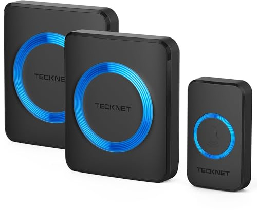TECKNET Wireless Doorbell, Doorbell IP65 Waterproof Twin Wall Plug-in Cordless Door Chime Kit with 400m Range, 60 Chimes, 120dB Loud 5-Level Volume & Blue Light, Plug in Door Entry Bell