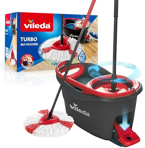 Vileda Turbo 2in1 Spin Mop & Bucket Set with Foot Pedal, Telescopic Handle up to 123cm, 2-in-1 Microfibre Mop Head for Deep Cleaning, Removes 99% Dirt with Water, Suitable for All Hard Floors, Red