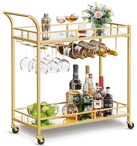 VASAGLE Drinks Trolley, Bar Cart, Serving Trolley with 2 Mirrored Shelves, Wine Holders, Glass Holders, for Home Bar, Kitchen, Dining Room, Gold LRC090A03