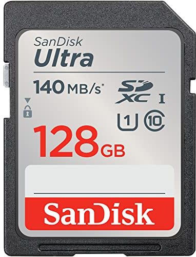 SANDISK Ultra SDXC card, 128GB SD Card (Memory card up to 140 MB/s read speeds, For entry level and mid-range compact camera's, Full HD Video, UHS-I, Class 10, U1)