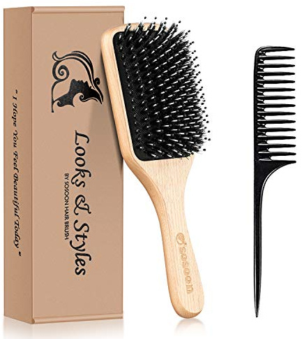 Hair Brush, Sosoon Boar Bristle Paddle Hairbrush for Long Thick Curly Wavy Dry or Damaged Hair, Reducing Hair Breakage and Frizzy No More Tangle, Giftbox & Hair Comb Included