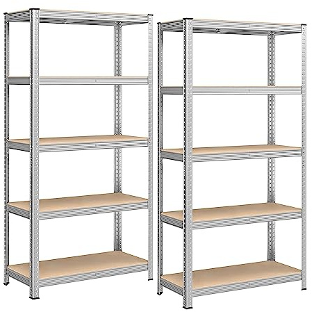 SONGMICS 5-Tier Heavy-Duty Shelving Units, Set of 2 Steel Shelving Units for Storage, Boltless Assembly, for Garage, Shed, Load Capacity 875 kg, 40 x 90 x 180 cm, Silver GLR040E02