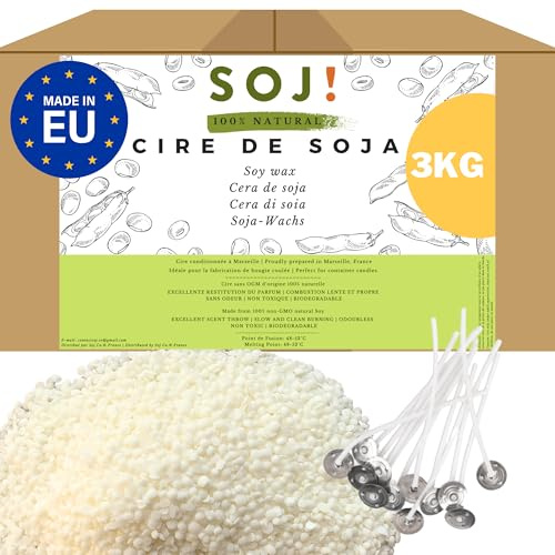 soj! Soj - Cire de Soja végétale SANS OGM 100% Naturelle, 3KG, E-BOOK+30 MÈCHES OFFERTES! Fabrication de bougies coulées, Cire pour bougie, Cire de soja pour bougie conditionnée en France 3KG