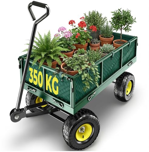 tectake® Chariot de Transport Chariot à roulettes de Jardin Remorque à Main Charrette à Bras Capacité 350kg avec Parois latéraux rabattables et Bâche pour Bois de chauffage Courses Plage Pêche Camping