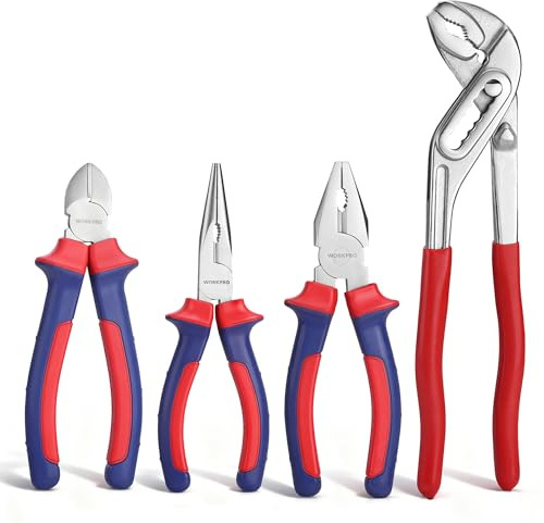 WORKPRO Jeu de Pinces en Acier au Carbone 4 Pièces - Pince Multiprise, Pince Universelle, Pince Coupante, Pince Bec Long pour Réparation Domestique ou Utilisation du Travail