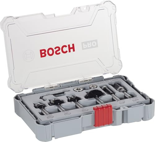 Bosch 6x Kit de fraises à araser et de bordage PRO, 6 pièces (pour Bois résineux, Bois dur, Ø 19, 25, 25, 35, 13, 16 mm, Professional Accessoire Défonceuse manuelle, Fraise à araser)