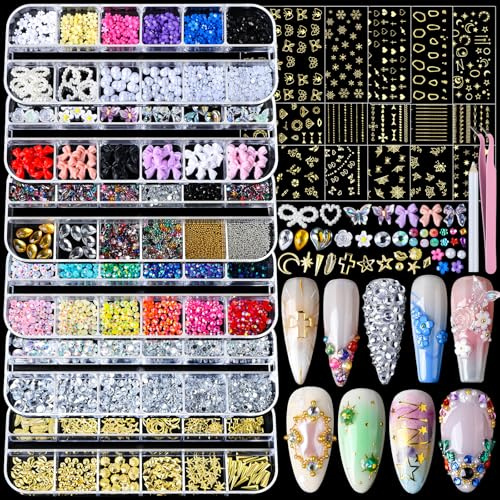 Teenitor Nail Rhinestones Nail Art Tools with 15 Sheets Gold Nail Art Stickers, 6 Boxes of Nail Charms Nail Gems Nail Pearls Nail Jewels