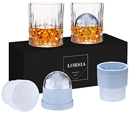 LORSIA Whisky Glass, Set of 4 (2 Crystal Tumbler Glasses, 2 Large Ice Ball Moulds) in Gift Box - 300ml Whiskey Glasses for Scotch Cocktail Rum Cognac Vodka Liqueurs, Unique Gifts for Men