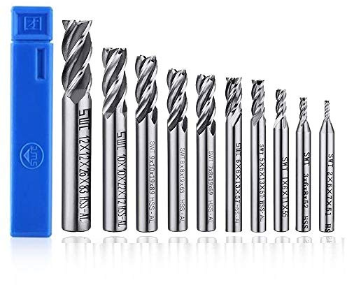 ASNOMY Lot de 10 forets à 4 cannelures - de 2 à 12 mm Fraise en Bout- Ensemble de forets à tige droite HSS CNC pour perceuse - Ensemble d'outils pour bois, aluminium, acier et titane