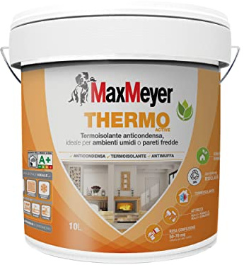 MAXMEYER Pittura per interni termica, antimuffa, anticondensa, A+ e priva di formaldeide, Thermo A+ Active BIANCO 10 L