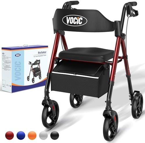 VOCIC Déambulateur pliable et léger avec siège, déambulateurs étroits pour appartements, déambulateurs pour personnes âgées, pliable avec pneus de 20 cm pour tout terrain, siège et poignée de hauteur