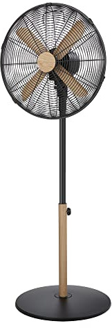Russell Hobbs 16" Black Scandi Style Pedestal Fan with Wood Effect, 3 Speed Settings, Oscillating, Adjustable Tilt