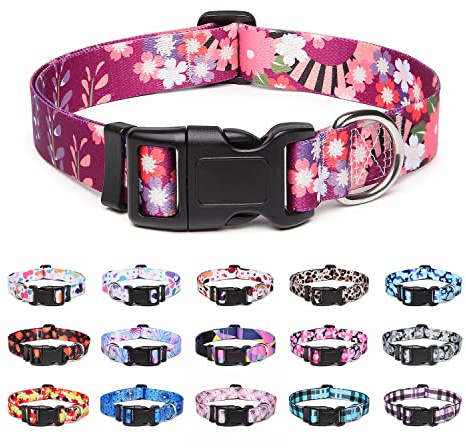 Suredoo Collier pour Chien, Motif Tendance avec Boucle à dégagement Rapide, Collier Classique en Nylon Réglable pour Petits, Moyens et Grands Chiens (S, Fleurs Couleur)