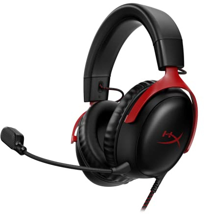 HyperX Cloud III – Wired Gaming Headset, PC, PS5, Xbox Series X|S, Angled 53mm Drivers, DTS, Memory Foam, Durable Frame, Ultra-Clear 10mm Mic, USB-C, USB-A, 3.5mm – Black/Red
