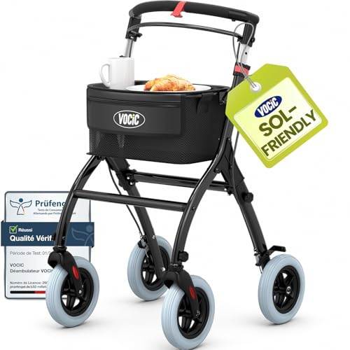 VOCIC Z32 Déambulateur étroit pour appartement, déambulateur d'intérieur pliable et léger, stable avec spuer, pneu antidérapant silencieux, deambulateur pour personnes âgées, pliable & plateau, noir