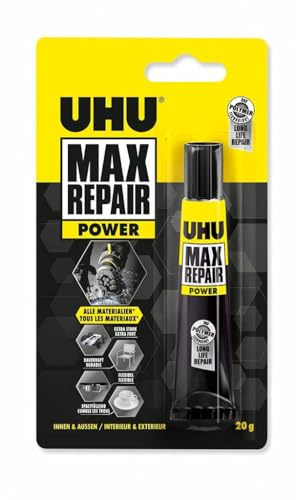 UHU Max repair power - Colle Extra-Forte et Flexible - Universelle Tous Supports: Chaussures, Caoutchouc, Cuir - Résiste à l'Humidité et -40°C à +120°C - Sans solvant - Transparente - Tube 20 g
