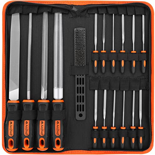 AojSup 17Pcs Metal File Set, Professional Files Tools, Premium Metal Files with Suitcase, 4X Large Files - Flat/Triangle/Half-Round/Round File&12x Needle Files, Perfect for Wood, Metal&DIY Project