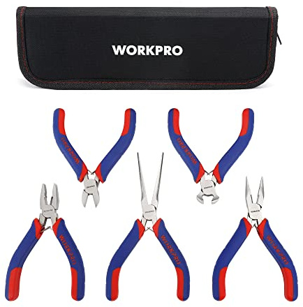 WORKPRO Jeu de Mini Pinces en Acier au Carbone avec Poignée Bi-matière et Sac de Rangement 5 Pièces