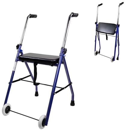 Mobiclinic®, Déambulateur, Pliable, Emérita, Réglable, Robuste, Avec Siège et 2 Roues, Acier, Poignées Ergonomiques, Léger, Bleu