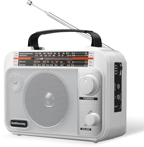 AM/FM/SW1-2 Radio Shortwave Transistor Radio AC or Battery Operated with Best Reception Big Speaker and Precise Tuning Knob with AUX in & 3.5mm Earphone Jack White