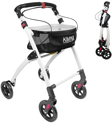 KMINA Déambulateur 4 Roues Pliable Léger Adulte, Extérieur et Intérieur, Rollator Panier en Haut, Étroit Réglable en Hauteur, Noir - Modèle PRO