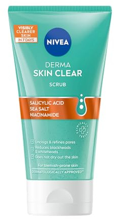 NIVEA Derma Skin Clear Scrub (150ml), Exfoliating Face Scrub, Salicylic Acid Face Wash Enriched with Niacinamide to Unclog Pores and Refine Textures, For Blemish-Prone Skin