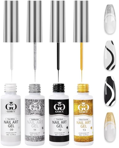 Gel Liner Nail Art Kit - 4 Colors Black White Glitter Silver Gel Polish - Soak Off & Curing Required - 8ml with Thin Nail Art Brush