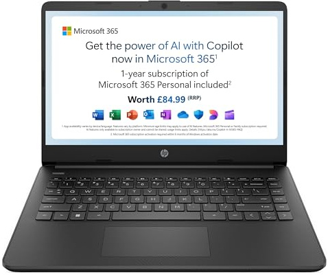 HP Stream 14" Laptop | Intel N4120 Processor | 4 GB RAM | 64 GB eMMC | Intel UHD Graphics | HD Display | Dual Speakers | Microsoft 365 Personal 12 month included | Win 11 | Jet Black | 14s-dq0000sa