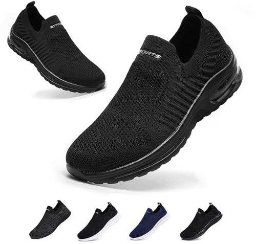 Mens Womens Slip On Trainers Air Cushion Casual Nordic Walking Shoes Breathable Running Shoes Nurse Work Shoes Lightweight Sports Tennis Shoes Soft Mesh Gym Workout Sneakers Black