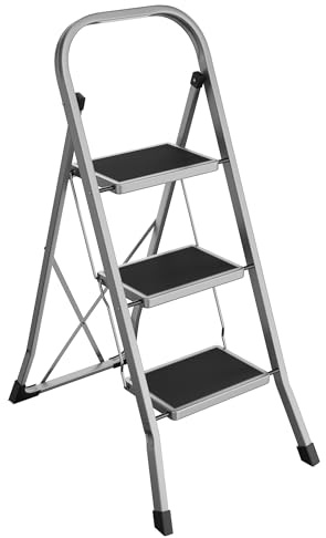 SONGMICS Marchepied 3 Marches Pliable, Escabeau, Verrou de Sécurité, Facile à Ranger, Charge 150 kg, Gris Tourterelle GSL003GY01