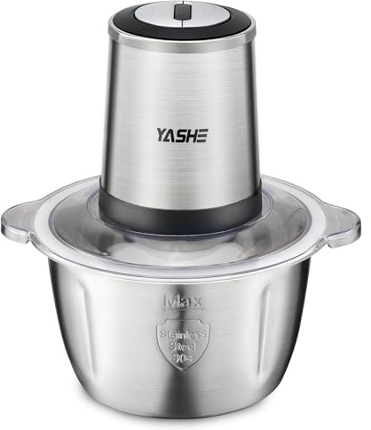 YASHE Hachoir Électrique 500W, Robot de Cuisine avec Bol en Acier Inoxydable 1,8L, Hachoir à Viande avec 4 Lames Doubles, 2 Vitesses, Noir/Gris