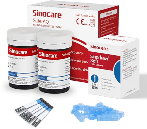 Sinocare Strisce Glicemia, Data di Scadenza Fresco con 50 Strisce e 50 Lancette in mg/dL (AQ Voice, Smart & Air)