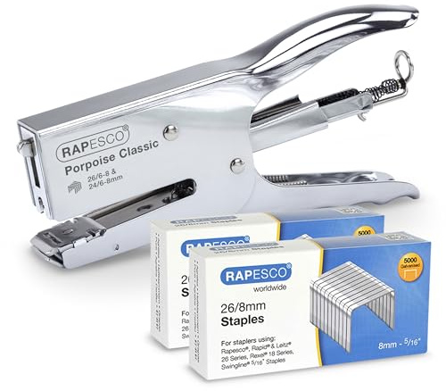 Rapesco 1298A Pince Agrafeuse Classique Porpoise et 10.000 Agrafes de Type 26/8mm, Capacité de 45 Feuilles, Chrome