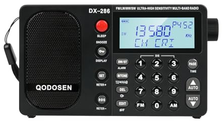 QODOSEN DX-286 Portable Shortwave Radio FM Stereo/AM/LW/SW Ultra-sensitive full-band radio utilising TEF6686 chip, featuring LCD display, RDS alarm clock and 18650 rechargeable battery (Black)