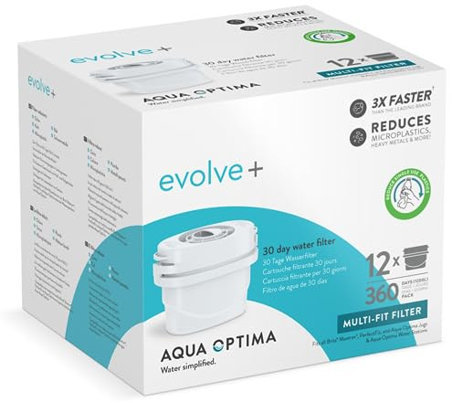 Aqua Optima Evolve+ Water Filter Cartridges 12 Pack - Fits Brita Jugs & Alternative for Maxtra Filters* - Reduces Limescale, Chlorine and Other Impurities - by LAICA (Packaging May Vary)