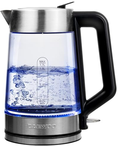 Daewoo 1.7L 3000W Easy-Fill Kettle with Illuminated Glass Body, 360° Swivel Base and Water Level Gauge, Built-In Safety Features for Left and Right Handed