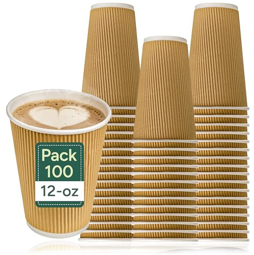 Zuvo 100 x Kraft 12 Ounce Ripple 3 Ply Disposable Insulated Paper Cups for Tea Coffee Cappuccino Hot Drinks, Brown