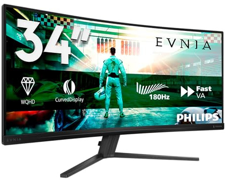 PHILIPS Evnia 34M2C3500L - 34 inch WQHD Curved Gaming monitor, 180 Hz, 0.5ms, FreeSync Premium, HDR10 (3440x1440, 2x HDMI, DisplayPort 1.4) dark grey