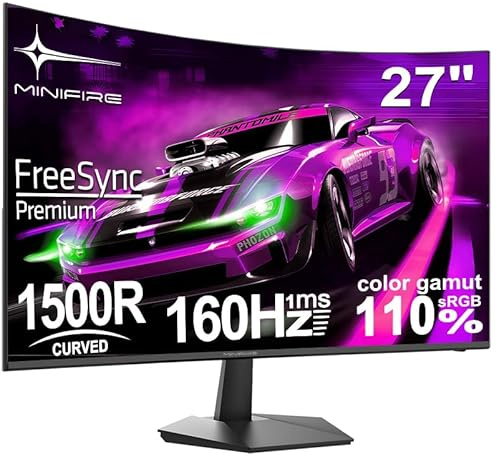 Minifire 27 Inch Curved Gaming Monitor 160Hz, FHD 1920x1080, PC Screen with VA Panel 1500R, 1Ms GtG, sRGB130%, Computer Screen, VESA Compatible, Eye Care Adaptive Sync HDMI＆DP Prots (MFG27C1L)