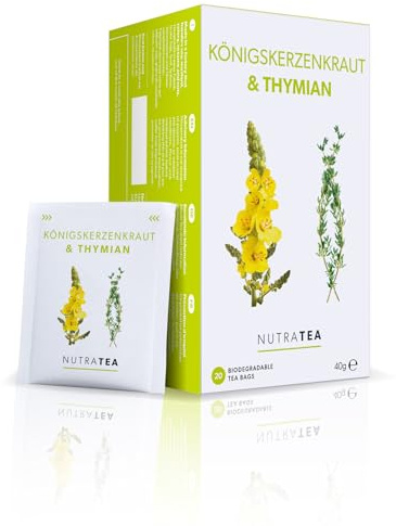 Nutra Tea Mullein Leaf & Thyme - Mullein Tea For Lungs & Throat - 80% Mullein Leaf, 20% Thyme - 20 Individual Wrapped Bags - Herbal Infusion (1 Pack)