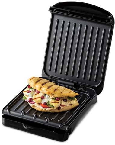 George Foreman Small Electric Fit Grill [Non stick, Healthy, Griddle, Toastie, Hot plate, Panini, BBQ, Energy saving, Vertical storage, Easy clean, Drip tray, Ready to cook light] Black, 760W 25800