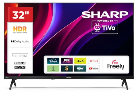 Sharp 32-inch HD Ready Smart TV, HDR10, Wi-Fi, Dolby Atmos, 60 Hz, TiVo OS, Frameless Design, Black